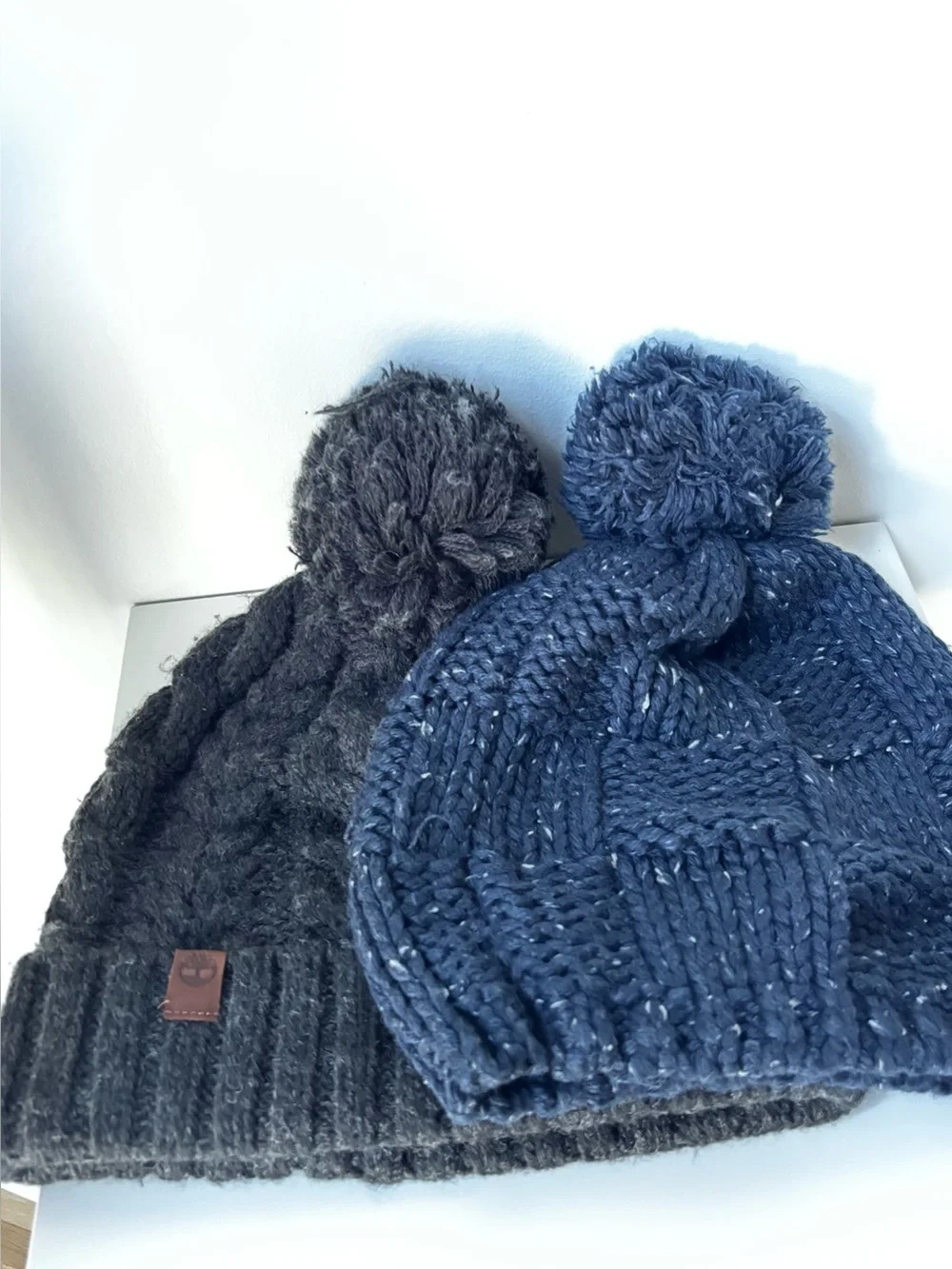 Two Women's Cable Beanie with Pom - Navy and Charcoal